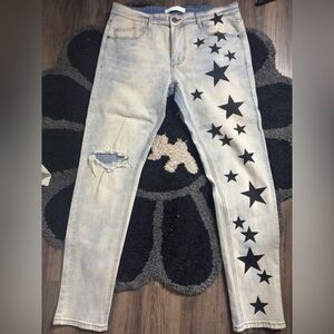 Men's Skinny Jeans with Star Design - Light Blue